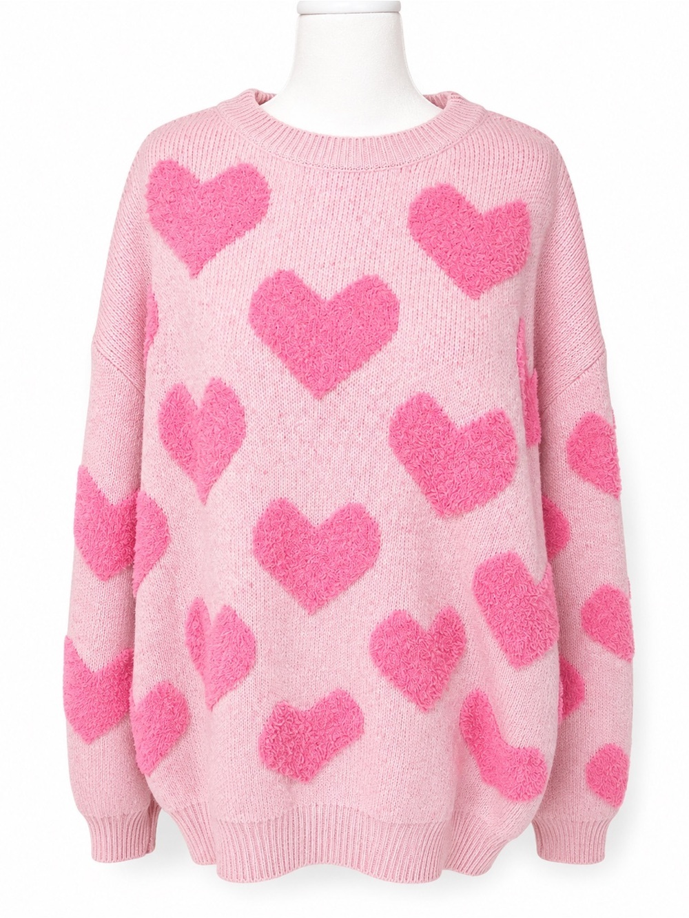 Judson & Co Pink Heart Pattern Crewneck Sweater - Women's Cozy Knit